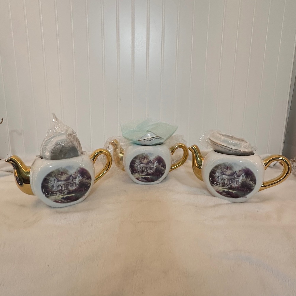 Thomas Kinkade Teapot/Planter Set 3pc White Gold New Home Is Where The Heart Is